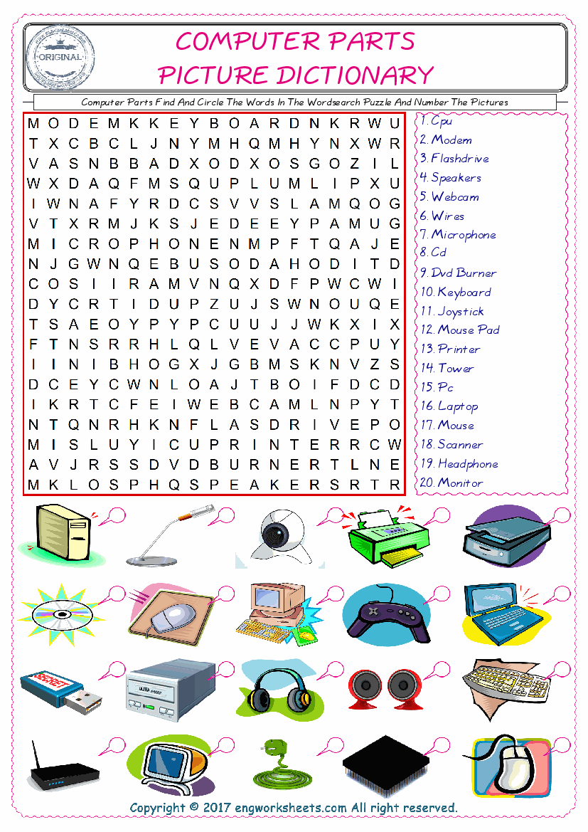  ESL wordsearch worksheets for kids, find Computer Parts words in the word wordsearch write its number on its picture English worksheet. 